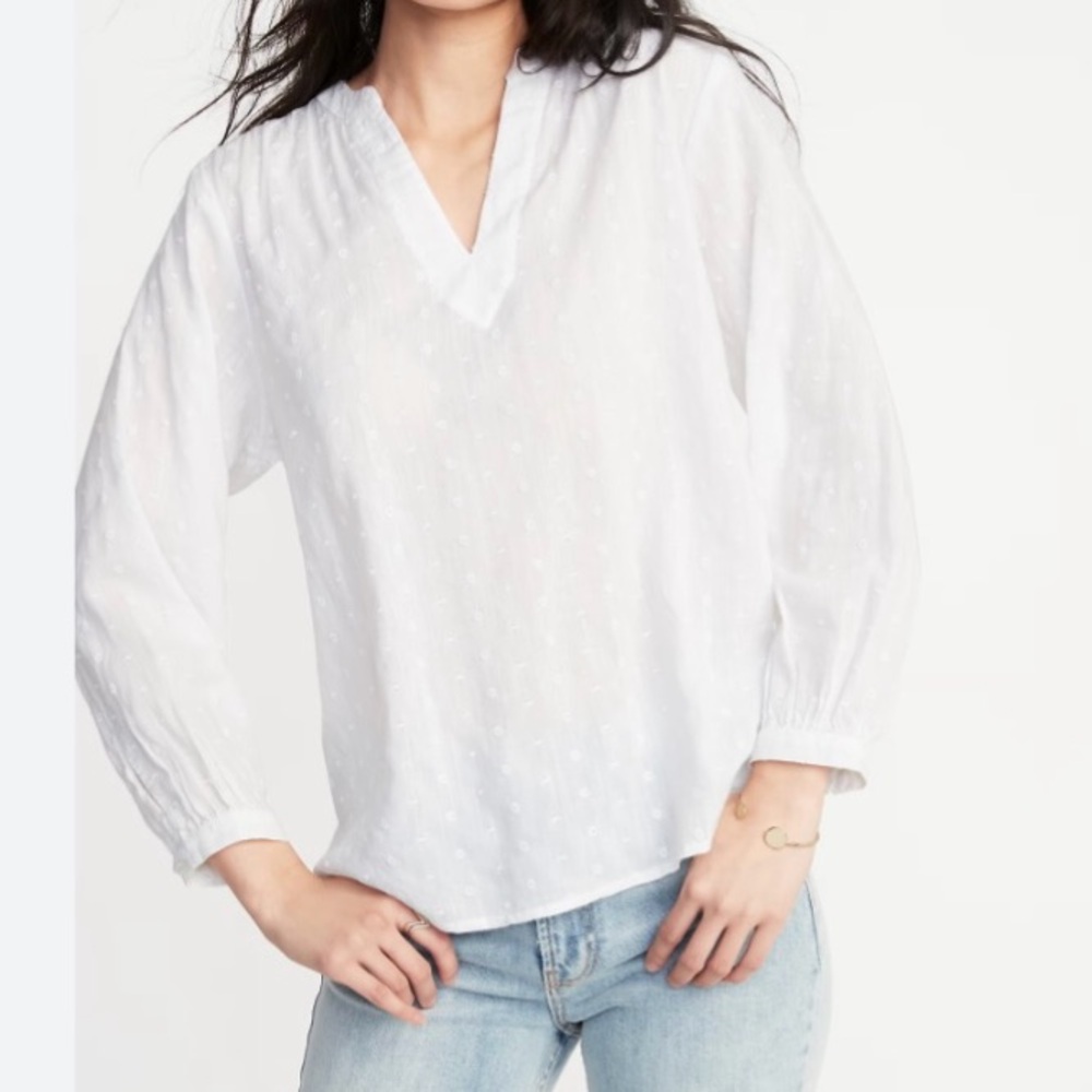 NWT Gap white cotton blouse XS embroidered split neck long sleeve band collar - Picture 9 of 11